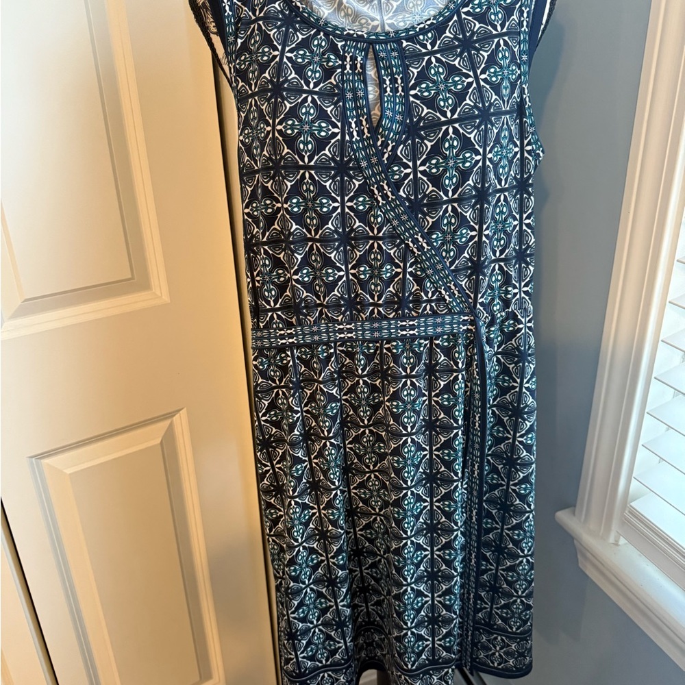 Blue A-line Midi Dress with Geometric Pattern